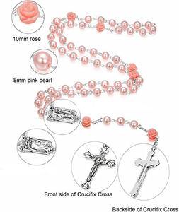 Collier <span class=keywords><strong>chapelet</strong></span> de perles roses catholique et notre collier de médaille et croix à fleurs roses <span class=keywords><strong>Lourdes</strong></span> - Product Image 3