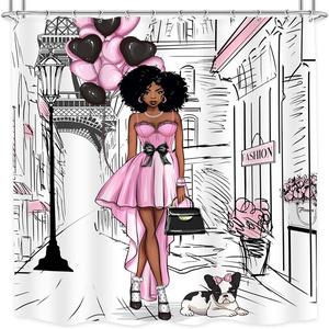 Noir fille rideau de <span class=keywords><strong>douche</strong></span> salle de bain moderne afro américain Afro femme mode rose Paris tour Eiffel chien bain rideaux de <span class=keywords><strong>douche</strong></span> - Product Image 1