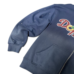 Sudadera con capucha informal de gran tamaño con cremallera, estilo retro deportivo, con parche tejido y detalles de diamantes de imitación en degradado, lavado vintage, ODM OEM - Product Image 4