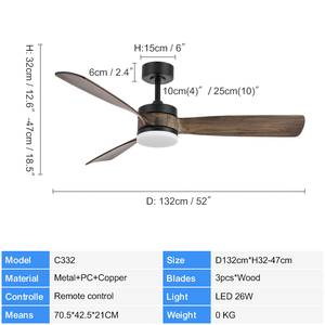 พัดลมเพดาน C332 BLDC ลมสูงพร้อมรีโมทคอนโทรล52นิ้วใบพัดไม้พัดลมเพดานมีไฟพัดลมต่ำ - Product Image 2
