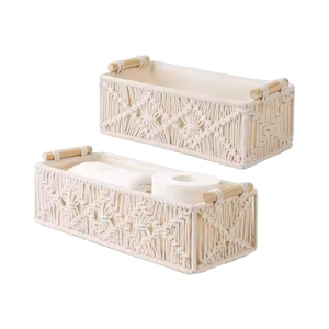 Cesta de Almacenamiento Rectangular Multifuncional de Macramé Boho, Ecológica, de Cuerda de Algodón, Blanca, Tejida, para Decoración del Hogar, para Escritorio - Product Image 1