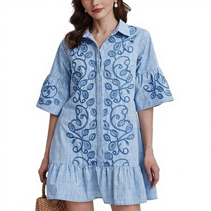 Vestido Camisero <span class=keywords><strong>de</strong></span> Mezclilla Vintage para Mujer, Lavable, con Botones, Mangas con Volantes Bordados, Corte en A, Mini Vestido <span class=keywords><strong>de</strong></span> Verano con Bolsillos, Estilo Casual - Product Image 1