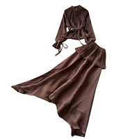 Ensemble élégant 2 pièces pour femme : haut plissé à col montant et manches longues avec ceinture à nouer et jupe longue fluide à volants pour le printemps et l'automne
