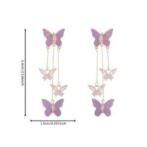 Boucles d'oreilles à pampilles papillon violettes pour femmes, élégantes boucles d'oreilles longues pendantes, bijoux de mode, cadeau de fête - Product Image 2
