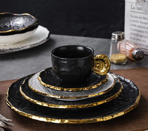 Vajilla de cerámica de lujo con textura martillada, en negro, blanco y dorado, juego de platos, tazones y tazas de porcelana para restaurante, hotel, boda, regalo. - Product Image 1