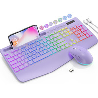 Combo clavier et souris sans fil 2.4G, ergonomique, silencieux, rétroéclairé RGB, boutons multimédias rechargeables, support pour tablette et téléphone, 1600 DPI USB