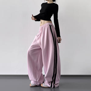 <strong>Women's</strong> Pink Sports Pants 2026 Autumn New High Waist Vintage Striped Loose Student Wide Leg Casual Pants Drawstring <strong>Trousers</strong> - Product Image 1