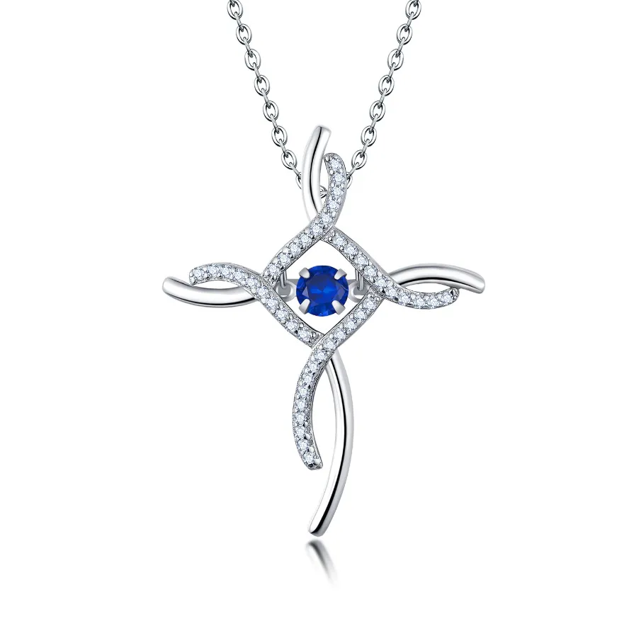 YILUN 925 Sterling Silver Cross Pendant Necklace Dancing Blue Cubic Zirconia Elegant Sapphire Cross Pendant for Women