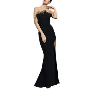 100% Polyester fabric fashion socialite lady cocktail party mesh bra fishtail slit dress charm women black feather gown dresses