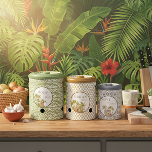Juego de Tres Contenedores Metálicos Kontensan para Patatas, Cebollas y Ajos (3 Piezas) Diseño Tropical de Selva, Naturaleza, Vida Silvestre y Bosque - Product Image 3