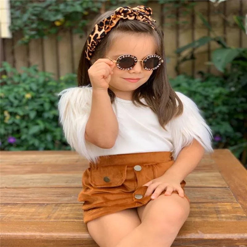 Popular 2pcs white feather sleeve T-shirt +skirts girls outfits kids fashion clothes sets little girl clothes 2020