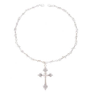 Collier ras du cou gothique rétro avec pendentif croix en argent tibétain et diamant blanc, bijoux de mode - Product Image 5