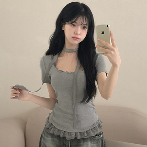 Camiseta de punto con ribete de encaje para mujer, cuello redondo, manga corta, diseño de bufanda, informal, para verano, a la moda - Product Image 5