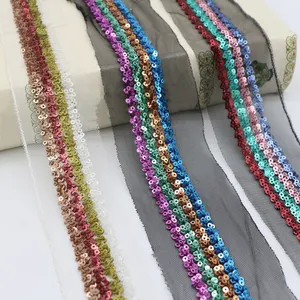 15 y diy 55毫米宽度亮片网布织带缝制彩色亮片串珠面料蕾丝用于服装服饰装饰