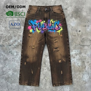 Pantalones Vaqueros Personalizados de Estilo Hip Hop, Lavado Monkey, Dibujo a Mano, Corte Holgado, Estampado Vintage, Desgastados, para Hombre - Product Image 1