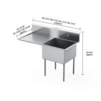 Évier commercial en acier inoxydable 304/430 à 1 compartiment, taille personnalisable, à poser au sol, avec égouttoir gauche de 24 pouces, résistant à la corrosion