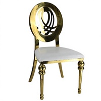 Chaise de banquet moderne minimaliste en acier inoxydable doré avec dossier ouvert et coussin en cuir, chaise de salle à manger dorée pour mariage, fabriquée à Foshan