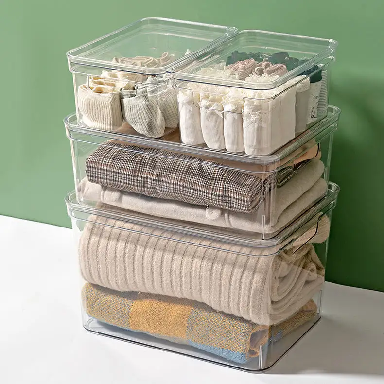 透明なPETプラスチック製の家庭用収納ビンボックス透明な積み重ね可能なオーガナイザーコンテナ、衣類用蓋付き雑貨おもちゃスナック