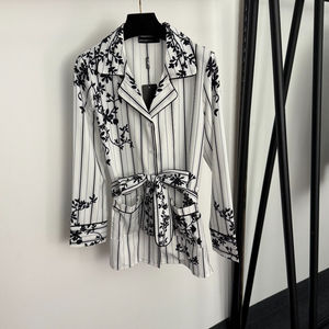 <span class=keywords><strong>Camicia</strong></span> da <span class=keywords><strong>donna</strong></span> elegante a righe <span class=keywords><strong>con</strong></span> stampa floreale in vita a maniche lunghe e pantaloni larghi in vita elastica nuovo abito Casual stile casa - Product Image 2