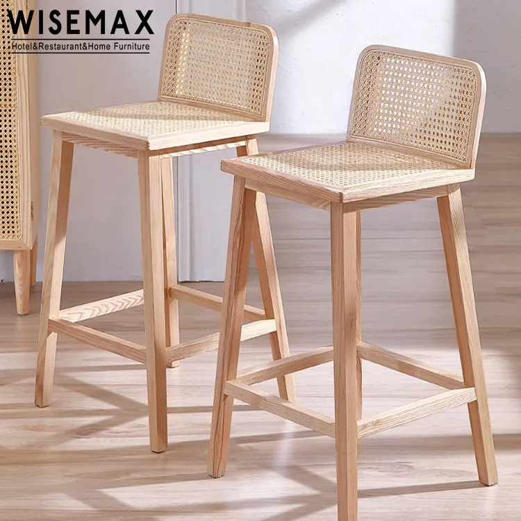 WISEMAX FURNITURE Factory, superventas, nuevo diseño, taburete de pierna alta de madera maciza, silla de Bar tejida de ratán para interiores de hotel