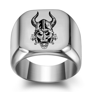 Men's Square Stainless Steel <b>Ring</b> 18MM Monster Pattern Laser Engraved Gold Color Fashion Jewelry Gift - Product Image 3