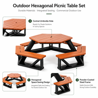 Ensemble de table de pique-nique hexagonale d'extérieur avec bancs intégrés, structure en métal noir robuste, mobilier de jardin pour parc, école