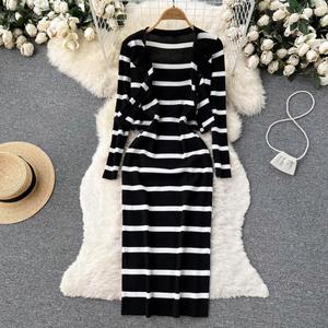 <b>Long</b> Sleeve Striped Spaghetti <b>Slip</b> Autumn Digital Printing Natural Waist Acrylic Crocheted Knitted Breathable Eco-Friendly Dress - Product Image 2