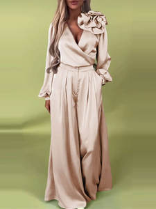 Camicetta da donna primavera e autunno elegante con scollo a V in tinta unita con abbellimenti floreali + pantaloni larghi e Casual - Product Image 6