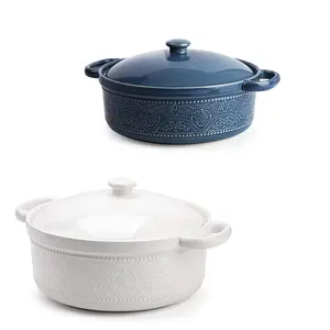 Cazuela de cerámica redonda <span class=keywords><strong>para</strong></span> uso diario, plato <span class=keywords><strong>para</strong></span> <span class=keywords><strong>hornear</strong></span> con relieve de encaje esmaltado de reacción, <span class=keywords><strong>para</strong></span> cena y banquete, con cubierta - Product Image 1
