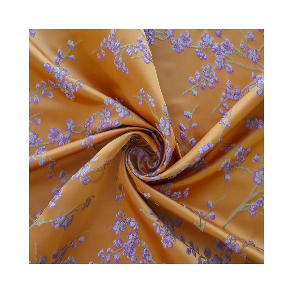 New design 100%polyester crisp fabric purple flower embossed jacquard dyed yarn fabric dress