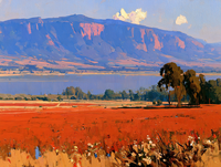 Pintura al Óleo Original Vintage Impresionista de Paisaje, Montaña Azul y Campo Rojo, con Marco de Madera, Arte de Pared para Hotel, Villa, Sala de Estar