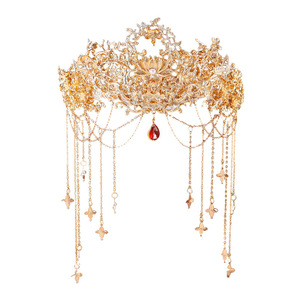 סיכת ראש לחתונה של כלה בסיטונאות באיכות גבוהה עם ציצית סינית עתיקה סִגְנוֹן אביזר מצופה זהב כתר אדום - Product Image 5