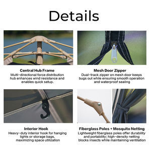 Tente de <span class=keywords><strong>camping</strong></span> hexagonale sphérique imperméable E-RIKE en Oxford, installation rapide, structure en fibre de verre, tente extérieure automatique avec auvent - Product Image 5