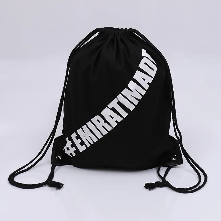 Wholesale recycled custom print sport travel canvas backpack black cotton drawstring bag
