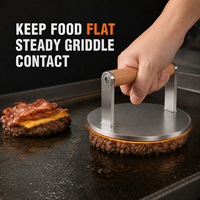 Presse à smash burger professionnelle en acier inoxydable avec manche en bois, résistante à la chaleur, pour plancha et cuisinière à gaz