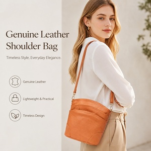 Multi-Zipper Top Layer Cowhide Leather Bucket Bag Simple Fashion Large Capacity Autumn Winter Mother Messenger <b>Purse</b> Vintage - Product Image 2