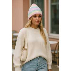 Bonnet en laine épaisse tissée noire à rayures croisées pour femme avec pompon Bonnet 1140 - Product Image 3