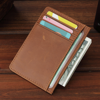 Dompet Kartu Kulit RR Crazy Horse, Dompet Saku Depan Minimalis Tipis dengan Jendela ID, Tempat Kartu Kredit Kulit Sapi Logo Kustom