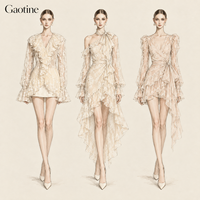 Fabricant de Robes Personnalisées OEM ODM pour Femmes : Ensemble Crème en Dentelle et Mousseline à Volants, pour Soirée Prénuptiale, Fiançailles, Demoiselle d'honneur, Mini et Maxi