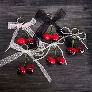 Fashion Pearl Lace Bow Red Cherry Keychains Summer Fruits Cherries Cherry <b>Charm</b> <b>Keyring</b> for Women's Bag Accessories Gift - Product Image 2