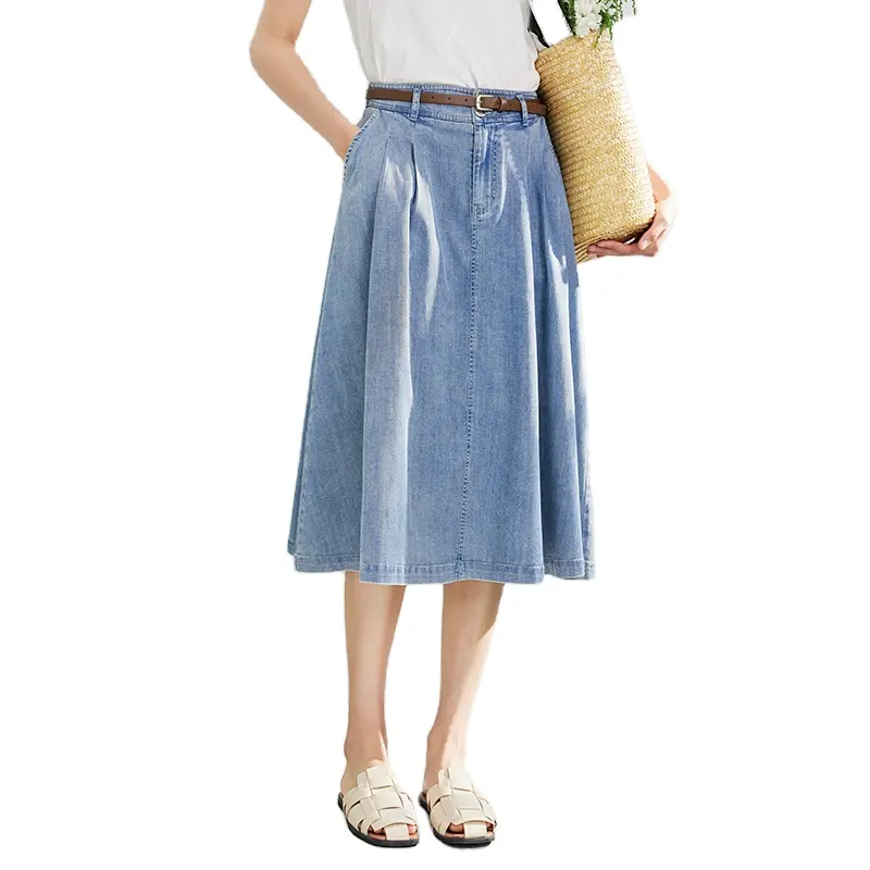 女性用ハーフ丈スカート、新しい夏のハイウエストとスリミングスタイル、レトロで用途の広いストレートAラインデニムスカート