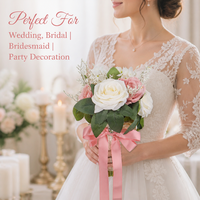 Buket Mawar Buatan Merah Anggur Putih Vintage dengan Pita Satin Panjang Berenda, Dedaunan Hijau, Dekorasi Pernikahan Foto Pengantin