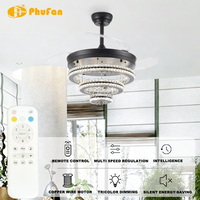 Ventilateur de plafond rétractable de luxe en cristal avec lumière, pales invisibles en PC, télécommande et lumière LED réglable pour salon