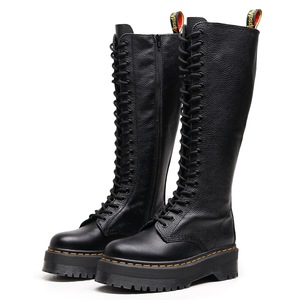 Knee-High <b>Boots</b> Women Genuine Leather Lace-Up Round Toe Flat Heel Anti-Slippery Rubber Outsole All Seasons Solid Color Wholesale - Product Image 6