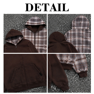 Vestes zippées personnalisées, design à double couche, flanelle à l'intérieur, tissu éponge français à l'extérieur, sweat à capuche vintage à carreaux, sweat à capuche réversible pour hommes - Product Image 6