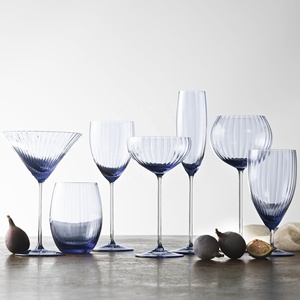Verre à vin à pied court, verre à eau à pied, texture ondulée, rayures verticales nervurées, couleur bleu océan - Product Image 3