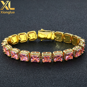 Niche Shiny Stylish Hiphop Fashion Trendy Sparkling Brass Square Pink Zircon Cube 10mm Tennis Link <b>Chain</b> Bracelet - Product Image 6