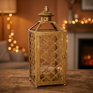 Premium Gold Metal Moroccan Lantern with Geometric Cutwork Hinged <b>Door</b> Warm Candle Light Elegant Festive Home <b>Decor</b> - Product Image 1