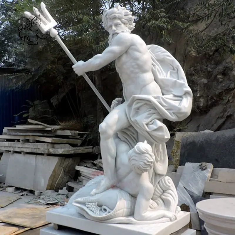 Scultura di statua di Poseidon di nettuno greco in marmo bianco famoso intagliato a mano per giardino decorativo