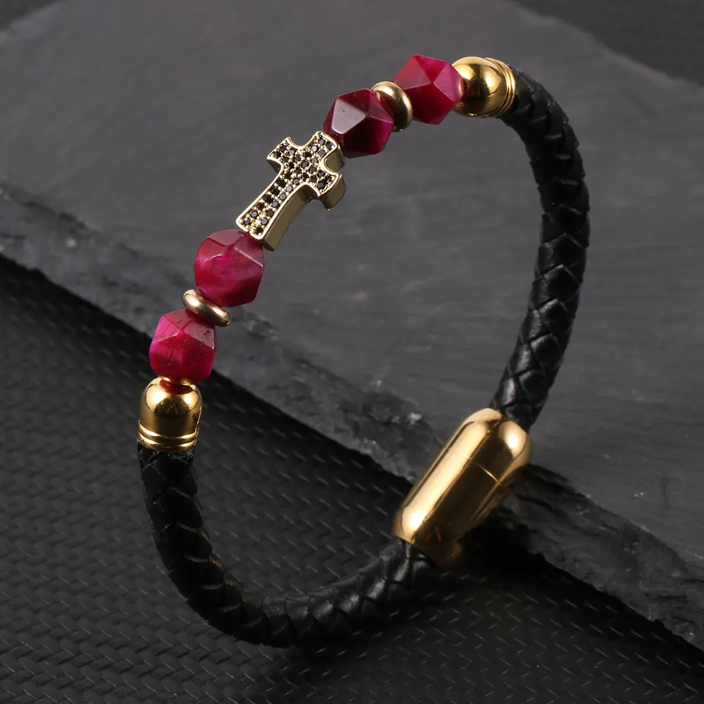 Mens Leather Bracelet with Cross